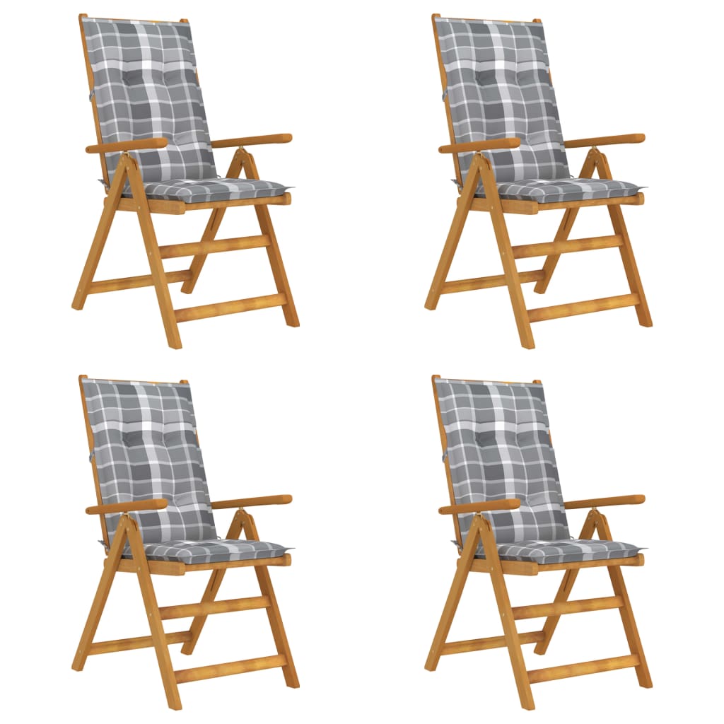 Set de 4 scaune rabatabile de gradina cu perne cu model carouri gri vidaXL, Lemn de acacia, 57 x 69 x 111 cm, perna 7 cm, Maro/Gri
