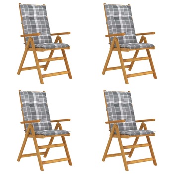 Set de 4 scaune rabatabile de gradina cu perne cu model carouri gri vidaXL, Lemn de acacia, 57 x 69 x 111 cm, perna 7 cm, Maro/Gri Set de 4 scaune rabatabile de gradina cu perne cu model carouri gri vidaXL, Lemn de acacia, 57 x 69 x 111 cm, perna 7 cm, Maro/Gri