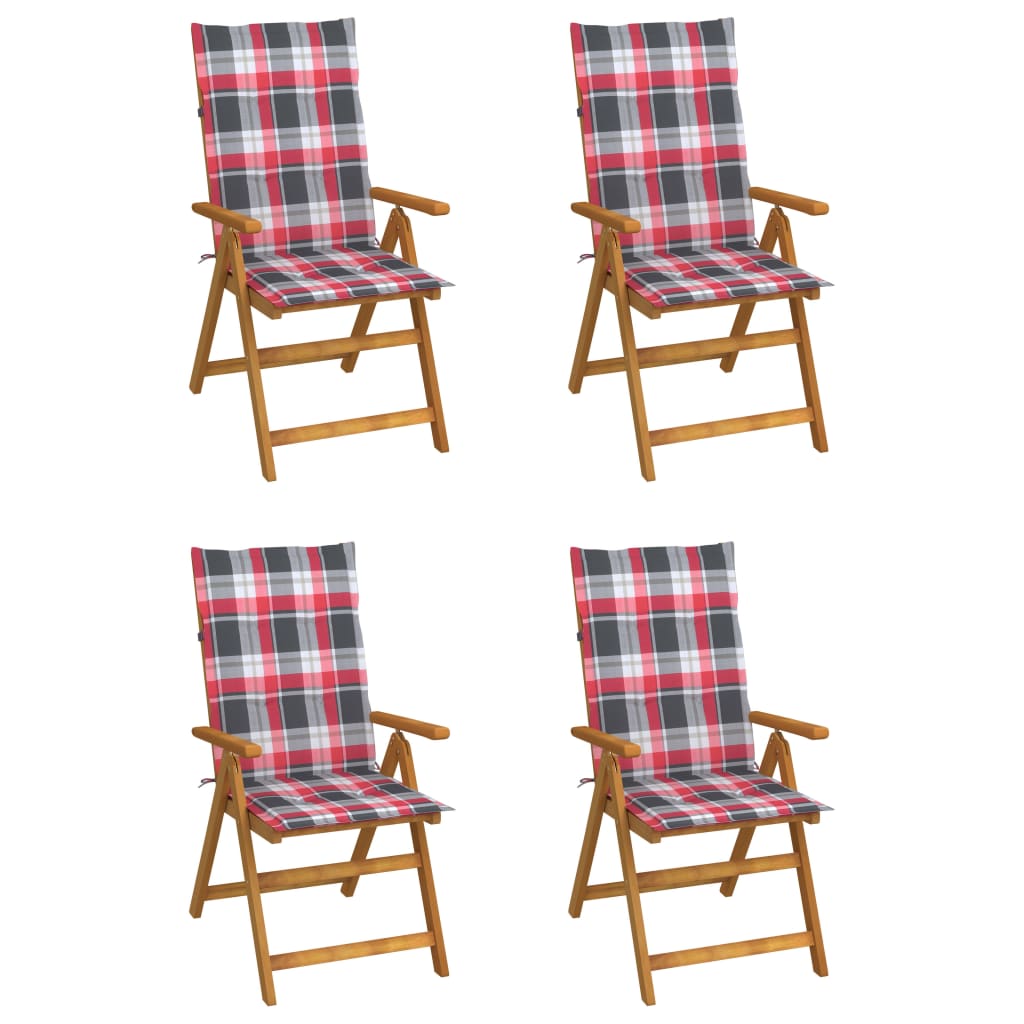 Set de 4 scaune rabatabile de gradina cu perne cu model carouri vidaXL, Lemn de acacia, 57 x 69 x 111 cm, perna 4 cm, Maro/Multicolor
