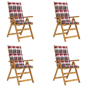 Set de 4 scaune rabatabile de gradina cu perne cu carouri multicolor vidaXL, Lemn de acacia, 57 x 69 x 111 cm, perna 7 cm, Maro/Multicolor Set de 4 scaune rabatabile de gradina cu perne cu carouri multicolor vidaXL, Lemn de acacia, 57 x 69 x 111 cm, perna 7 cm, Maro/Multicolor
