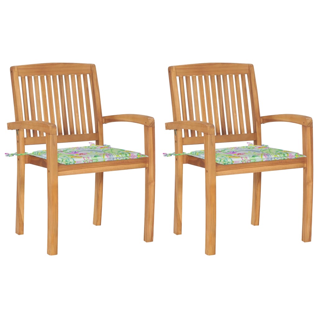 Set de 2 scaune de exterior, cu perne si brate, vidaXL, Lemn de tec-Poliester, 60 x 57,5 x 90 cm, 4 cm, Maro/Perne model frunze