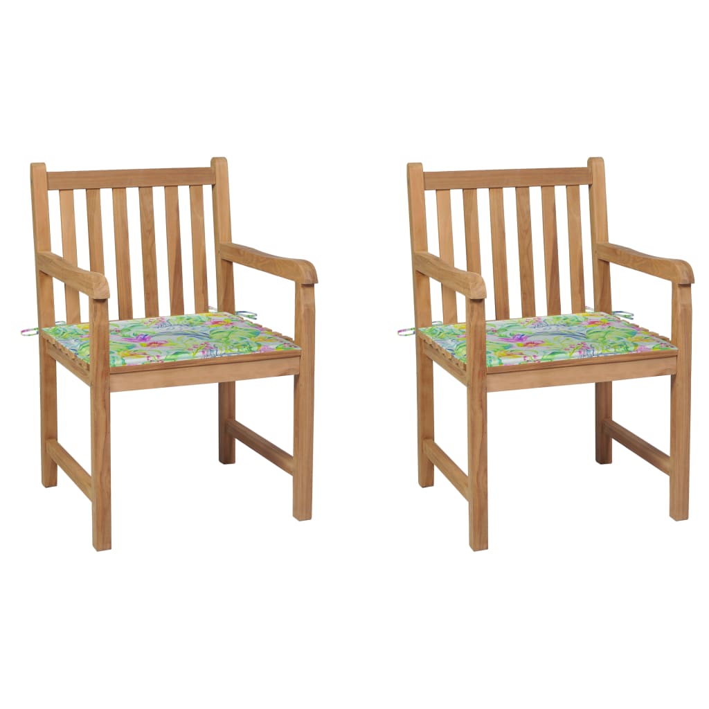 Set de 2 scaune de exterior, cu perne si brate, vidaXL, Lemn de tec-Poliester, 58 x 60 x 90 cm, Maro/Perne model tropical
