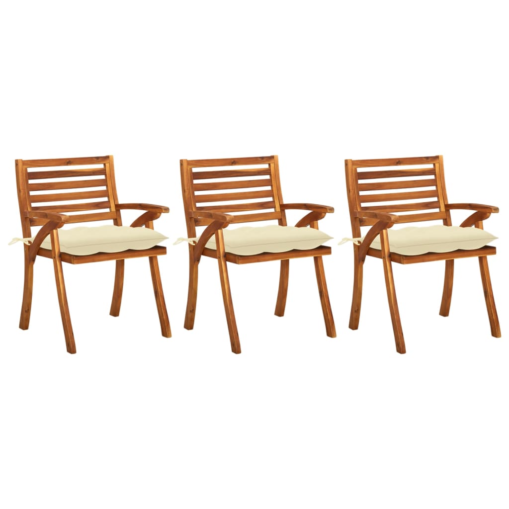 Set de 3 scaune de gradina cu perne, vidaXL, Lemn de acacia, 59 x 59 x 87 cm, 7 cm, Maro/Perne crem