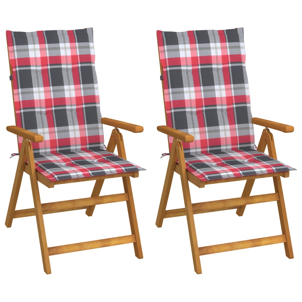 Set de 2 scaune rabatabile de gradina cu perne cu model carouri vidaXL, Lemn, 57 x 69 x 111 cm, perna 4 cm, Maro/Multicolor
