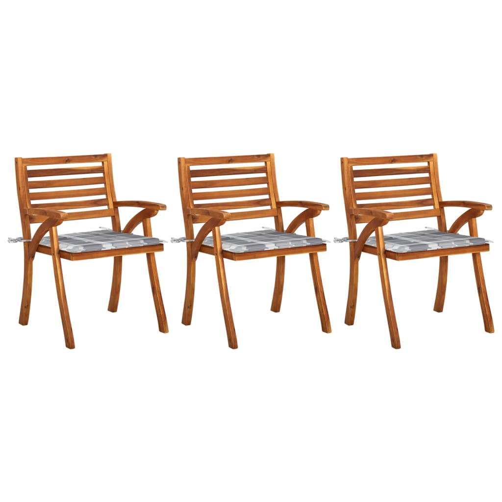 Set de 3 scaune de gradina cu perne, vidaXL, Lemn de acacia, 59 x 59 x 87 cm, Maro/Perne gri model carouri