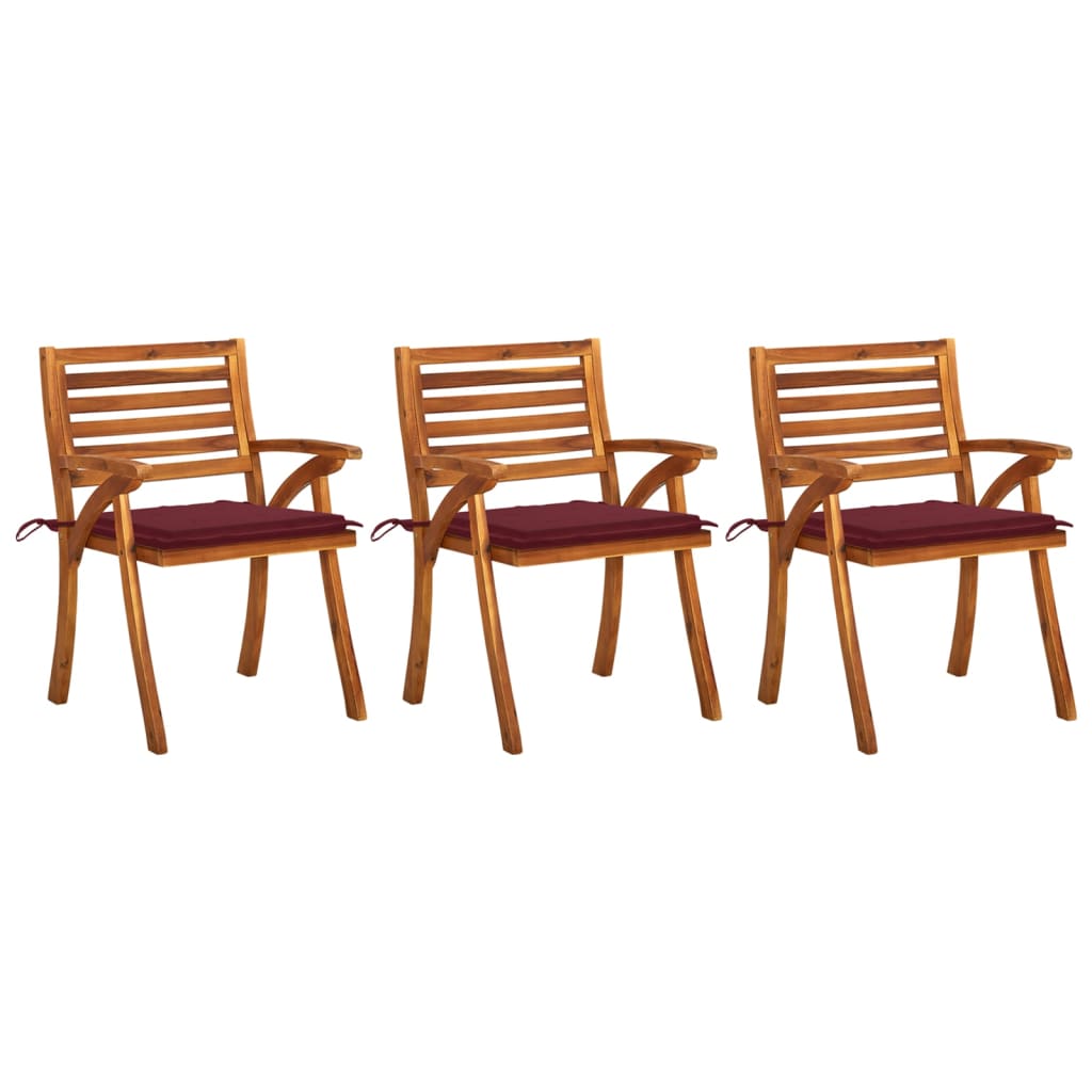 Set de 3 scaune de gradina cu perne, vidaXL, Lemn de acacia, 59 x 59 x 87 cm, Maro/Perne grena