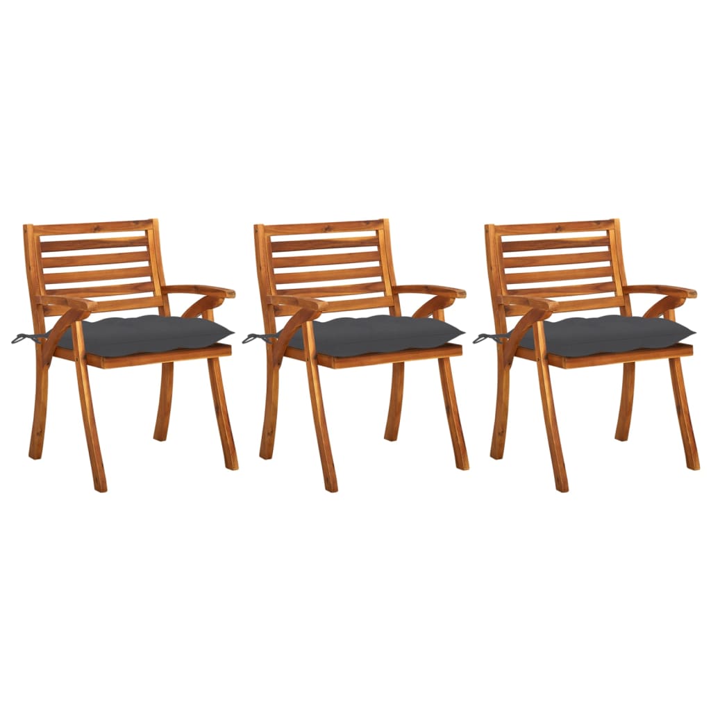 Set de 3 scaune de gradina cu perne, vidaXL, Lemn de acacia, 59 x 59 x 87 cm, 7 cm, Maro/Perne antracit