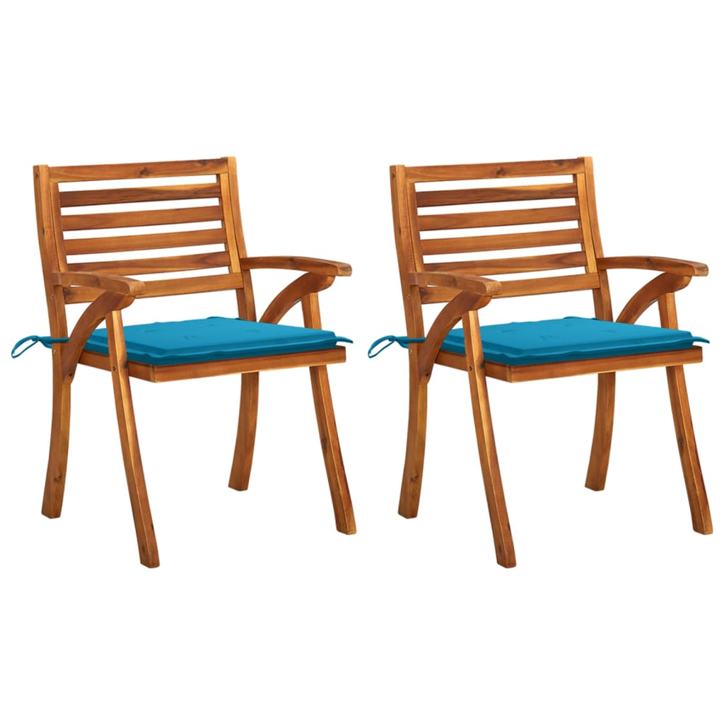 Set de 2 scaune de gradina cu perne, vidaXL, Lemn de acacia, 59 x 59 x 87 cm, Maro/Perne albastru