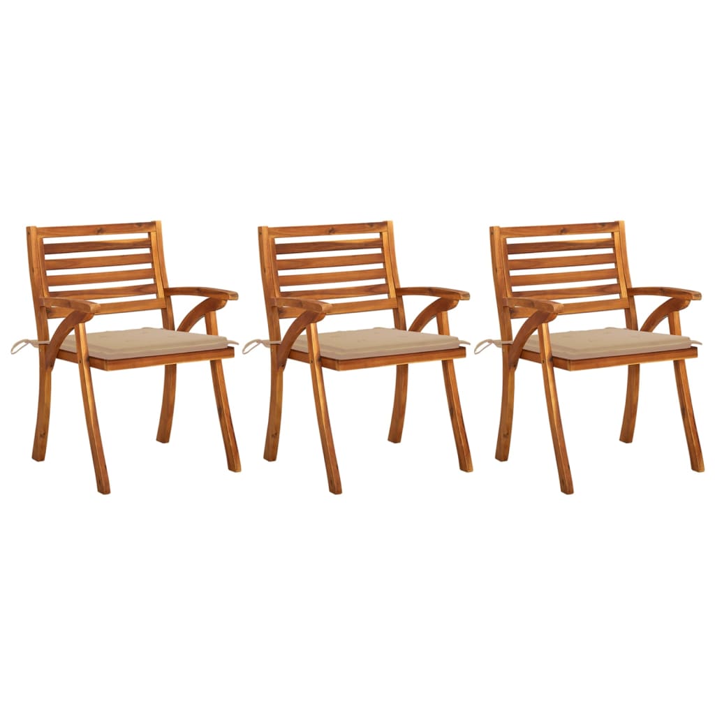 Set de 3 scaune de gradina cu perne, vidaXL, Lemn de acacia, 59 x 59 x 87 cm, Maro/Perne bej