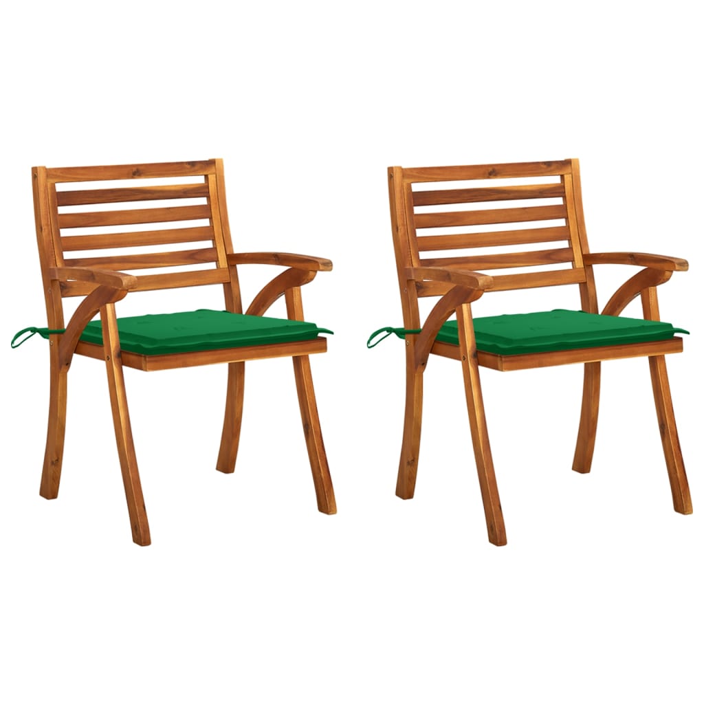 Set de 2 scaune de gradina cu perne, vidaXL, Lemn de acacia, 59 x 59 x 87 cm, Maro/Perne verde