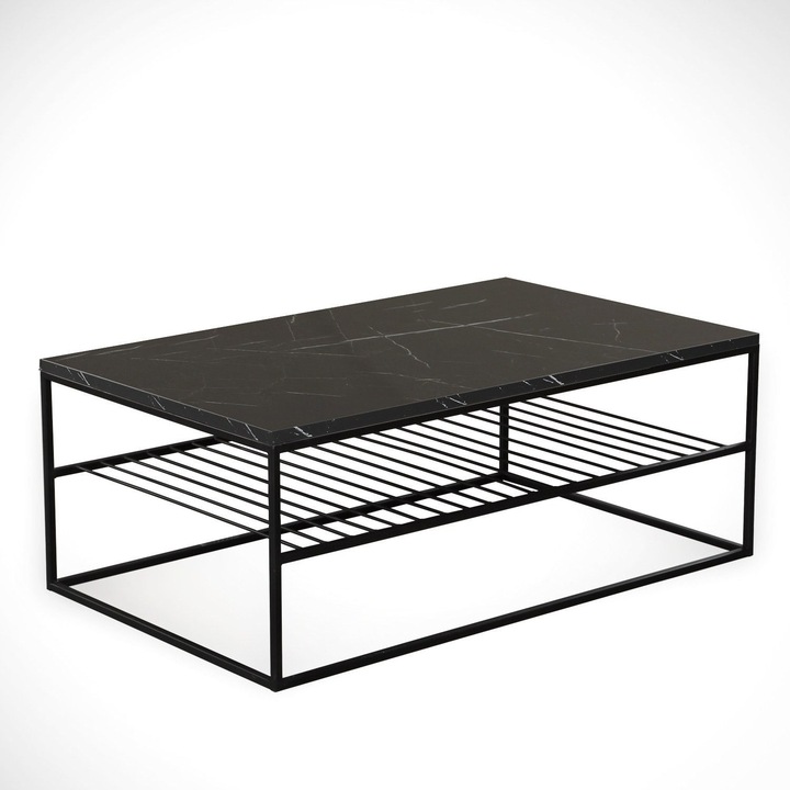 Masa de cafea Nancy Homestore, Royal Palm Beach, Aspect marmura, Lemn/Metal, 55 x 95 x 43 cm, Negru