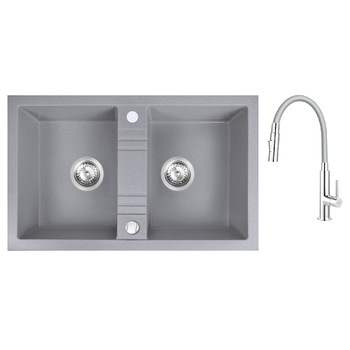 Pachet 2in1 Chiuveta bucatarie 2 Cuve Ferro granit 78x48 cm, gri, Zumba Slim 2F - baterie stativa bucatarie cu pipa flexibila, gri-argintiu Pachet 2in1 Chiuveta bucatarie 2 Cuve Ferro granit 78x48 cm, gri, Zumba Slim 2F - baterie stativa bucatarie cu pipa flexibila, gri-argintiu