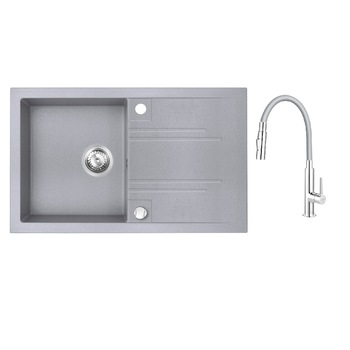 Pachet 2in1 Chiuveta cu o cuva si picurator 78x48 cm gri, Zumba Slim 2F - baterie stativa bucatarie cu pipa flexibila, gri-argintiu Pachet 2in1 Chiuveta cu o cuva si picurator 78x48 cm gri, Zumba Slim 2F - baterie stativa bucatarie cu pipa flexibila, gri-argintiu