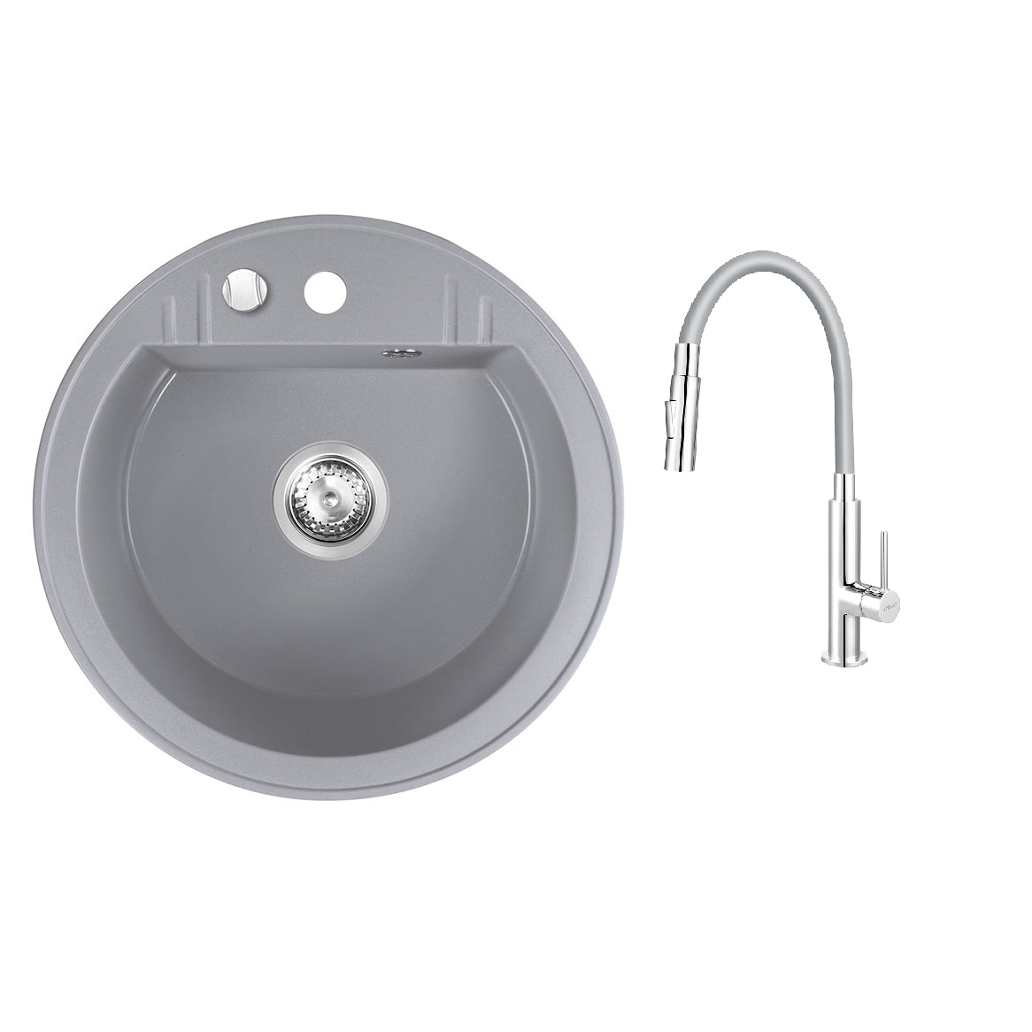 Pachet 2in1 Chiuveta 1 Cuva Rotunda bucatarie Ferro granit 510 mm, gri, Zumba Slim 2F - baterie stativa bucatarie cu pipa flexibila, gri-argintiu