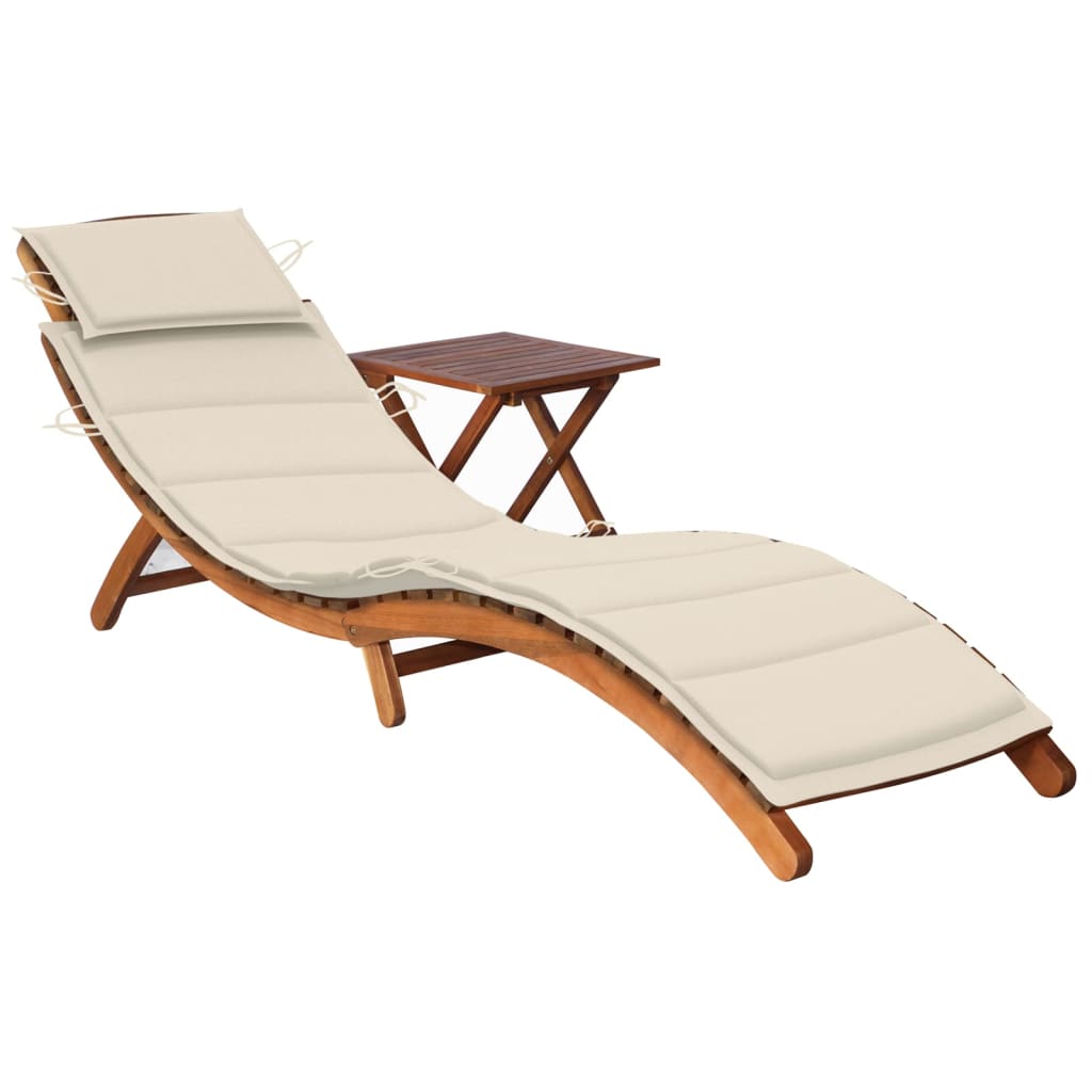 Set sezlong de gradina cu masa si perna, crem lemn masiv de acacia 3061589 184 x 55 x 64 cm