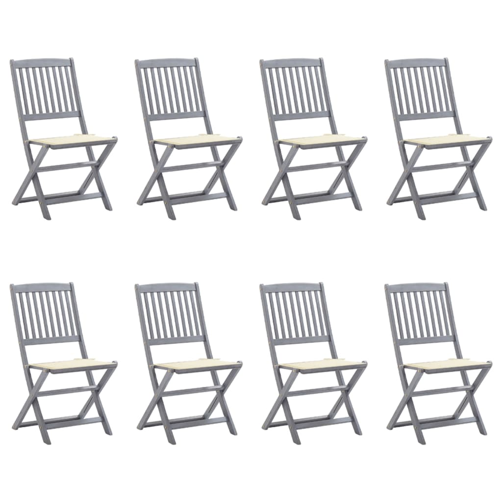 Set de 8 scaune de exterior pliabile cu perne crem vidaXL, Lemn de acacia, 48.5 x 57 x 91 cm, Gri/Crem