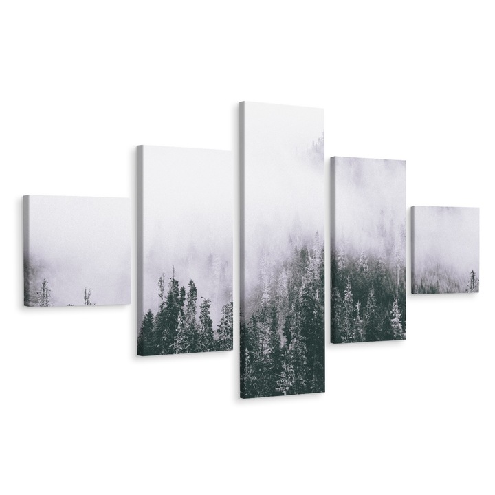 Set Tablou 5 Piese PADURE Cetoasa Copaci 250cm x 150cm Efect 3D, Canvas, Iarna Peisaj, Decorarea peretilor