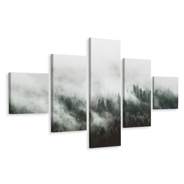 Set Tablou 5 Piese PADURE IN CEATA Peisaj 3D 250cm x 150cm Canvas, Rama lemn, Panza pe cadru de lemn, Decoratiuni, Living