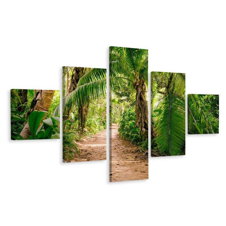 Set Tablou 5 Piese Pentaptic POTECA intr-o Padure Tropicala 250cm x 150cm Peisaj, Efect 3D, Canvas, Decorarea peretilor, Living