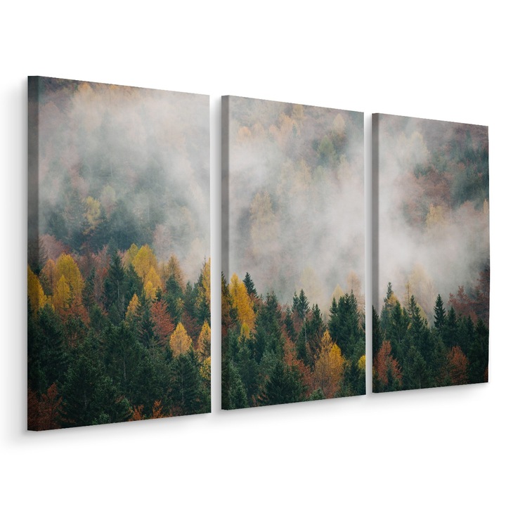 Set Tablou 3 Piese TRIPTIC Padure Cetoasa Toamna Natura 3D 150cm x 100cm Colorat, Peisaj, Efect 3D, Canvas, Decorarea peretilor, Living