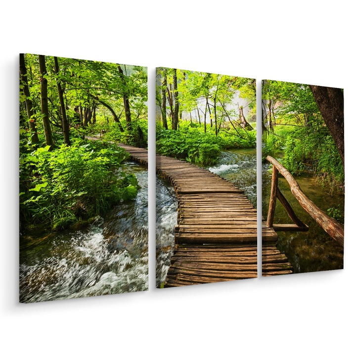 Set Tablou 3 Piese Triptic POD intr-o Padure Peisaj 3D 180cm x 120cm Canvas, Copaci, Natura, Rama lemn, Dormitor