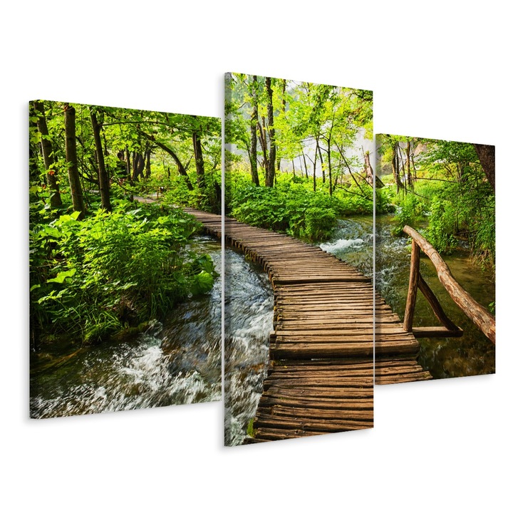 Set Tablou 3 Piese Triptic PADURE Rau Natura 3D 120cm x 80cm Peisaj, Rama lemn, Creative decor, Canvas