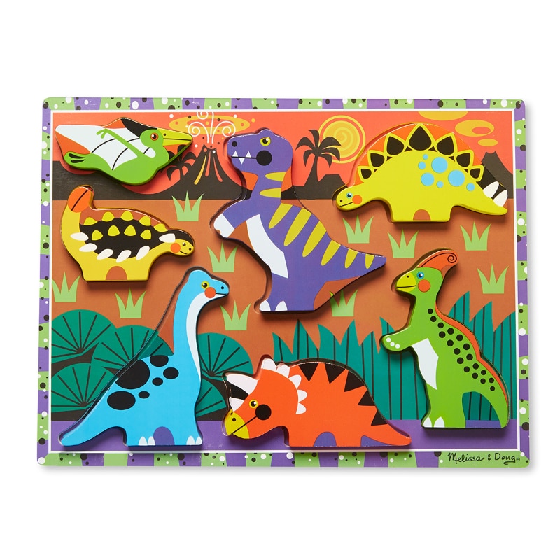 Puzzle dinozauri, Melissa & Doug, Lemn, 30.5x23x3 cm, 7 piese, Multicolor