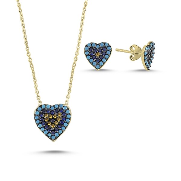 Set argint colier si cercei cu inima si zirconii multicolore placat cu aur galben - STU0036