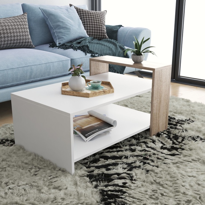 Masa de cafea Nancy Homestore, Schaumburg, Lemn, 60 x 90 x 50 cm, Alb/Maro