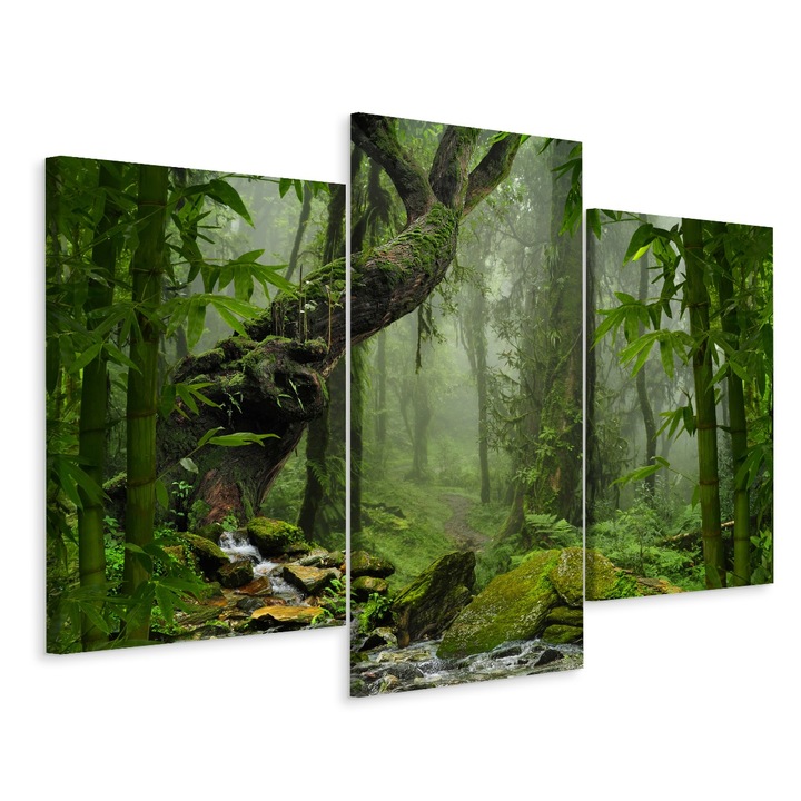 Set Tablou 3 Piese Triptic PADURE Tropicala Copaci Muschi 3D 120cm x 80cm Peisaj, Rama de lemn, Canvas, Living, Creative decor