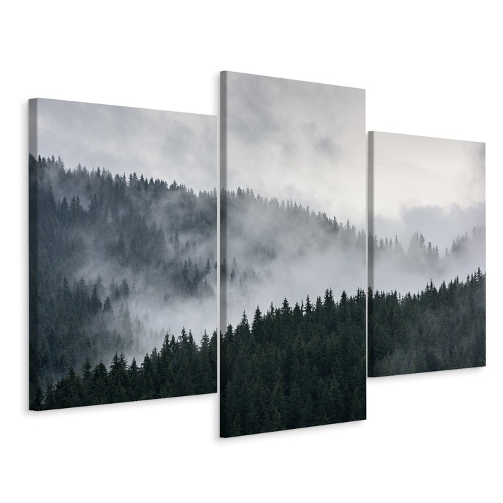 Set Tablou 3 Piese Triptic in Ceata PADURE Priveliste 3D Decor 90cm x 60cm Copaci, Rama de lemn, Canvas, Living, Dormitor