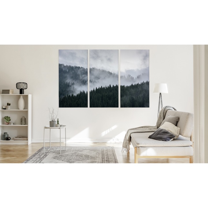 Set Tablou 3 Piese TRIPTIC Padure in Ceata Peisaj Natura 3D 180cm x 120cm Rama de lemn, Canvas, Living, Dormitor