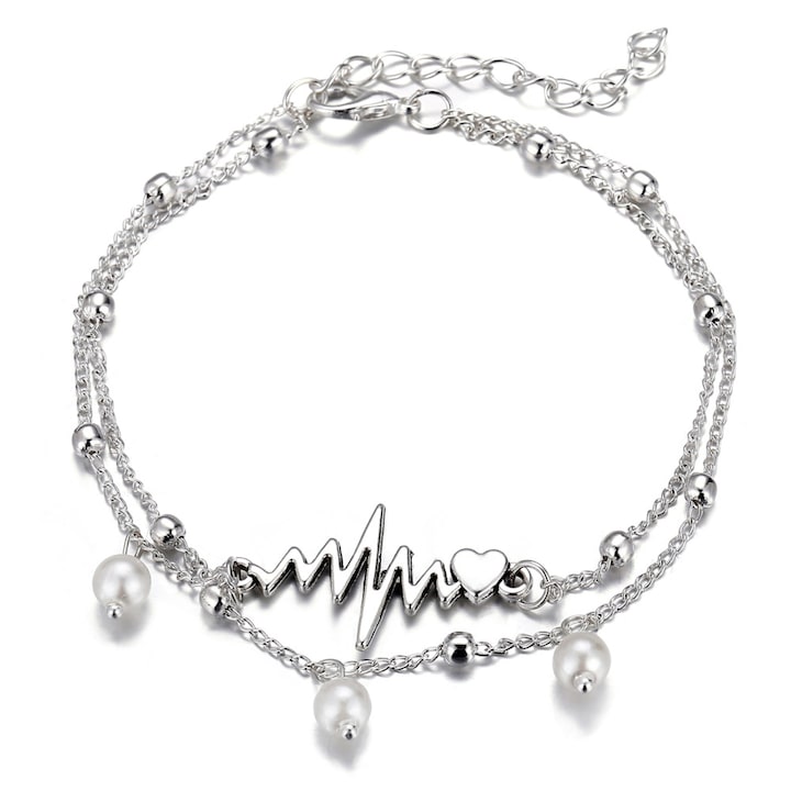 Гривна за глезен, крак, двойна, перли сърце и пулс