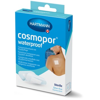 Set plasturi transparenti si autoadezivi, impermeabili pentru apa si germeni, cu corp absorbant central, disponibili in varianta sterila Hartmann Cosmopor Waterproof 7,2x5cm, 5 buc Set plasturi transparenti si autoadezivi, impermeabili pentru apa si germeni, cu corp absorbant central, disponibili in varianta sterila Hartmann Cosmopor Waterproof 7,2x5cm, 5 buc
