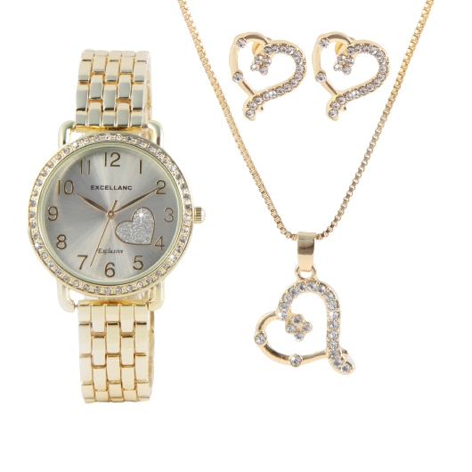 Set, ceas dama, Excellanc, DIAMOND HEART GOLD, colier cu pandativ si 1 pereche cercei dama Excellanc, 1800176-001