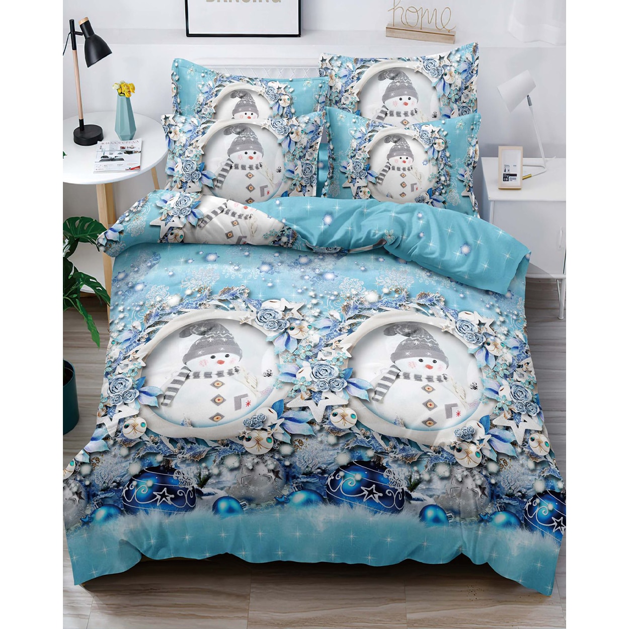 Set Lenjerie Craciun, Bumbac Tip Finet, Cu Elastic, Pat 2 Persoane, Snowman, FNJEC-02