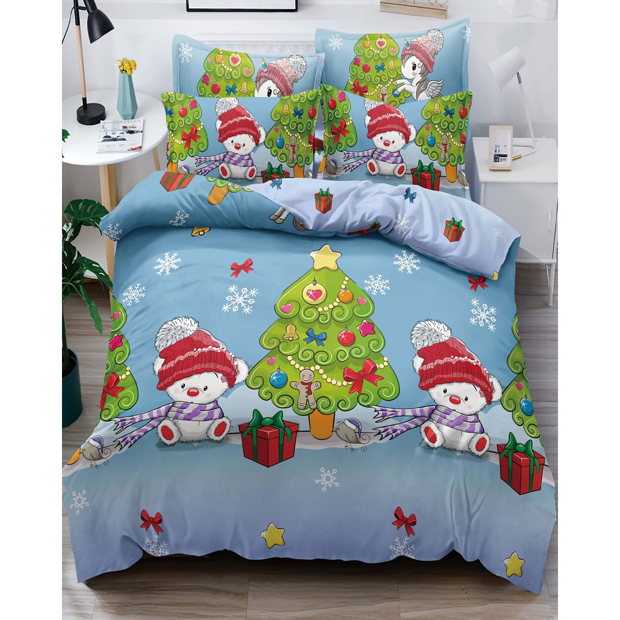 Set Lenjerie Craciun, Bumbac Tip Finet, Cu Elastic, Pat 2 Persoane, Baby Bear, FNJEC-04