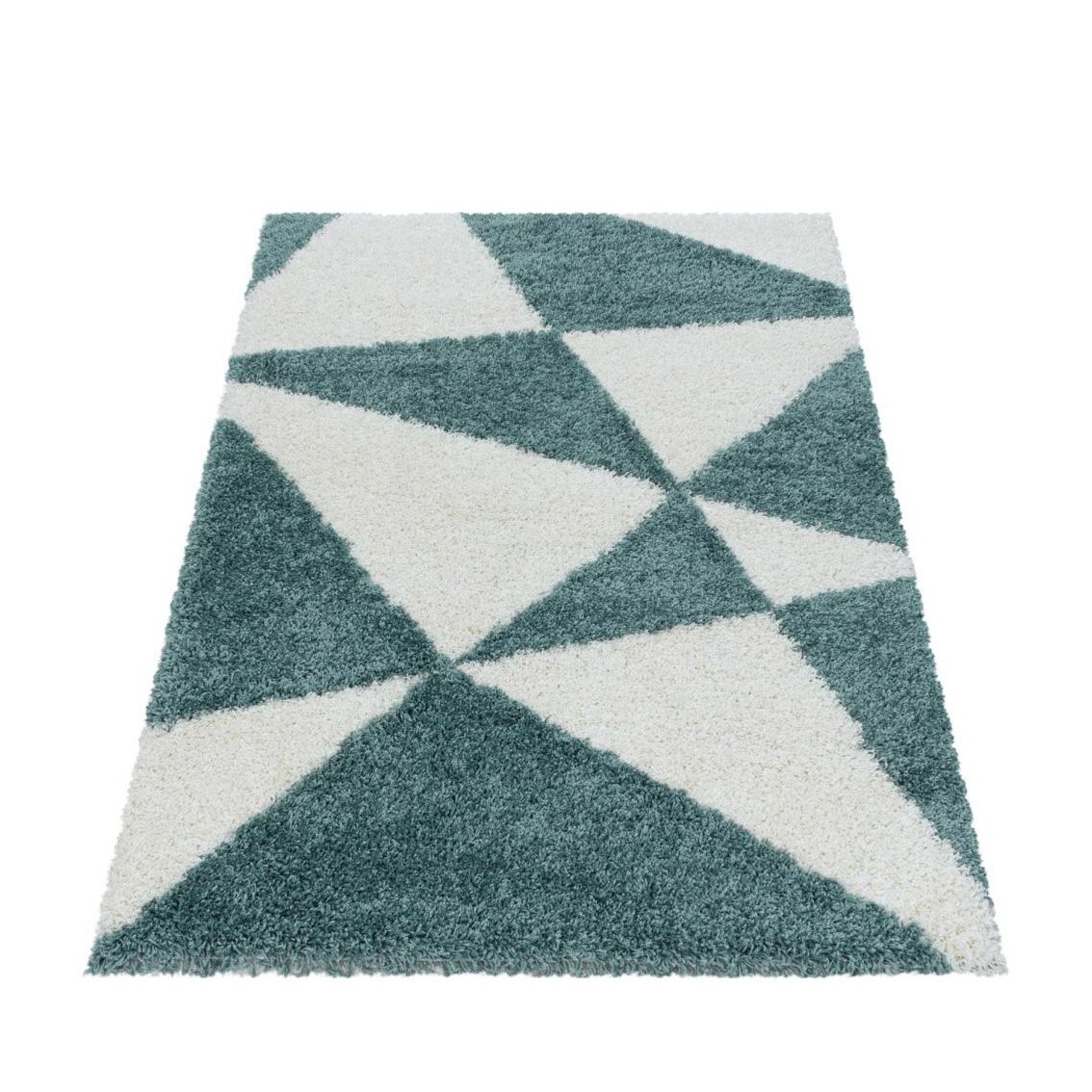 Covor modern cu fir lung Shaggy Tango 3101, 280x370cm, 100% polipropilena,gramaj , 2200g/mp, inaltime fir 3 cm , model triunghiuri, culoare Albastru/Turcoaz