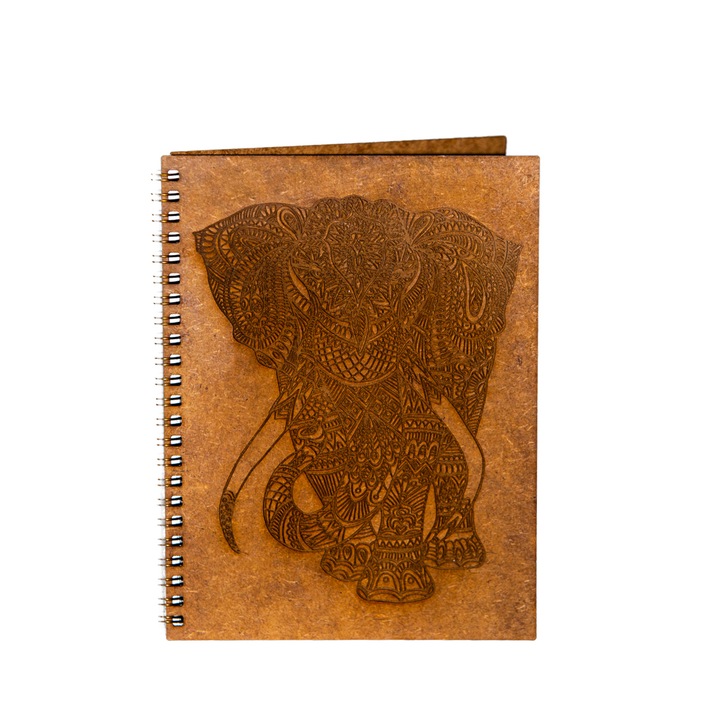 Agenda personalizata, coperta din lemn, A5, model cu elefant gravat, 150 x 215 mm