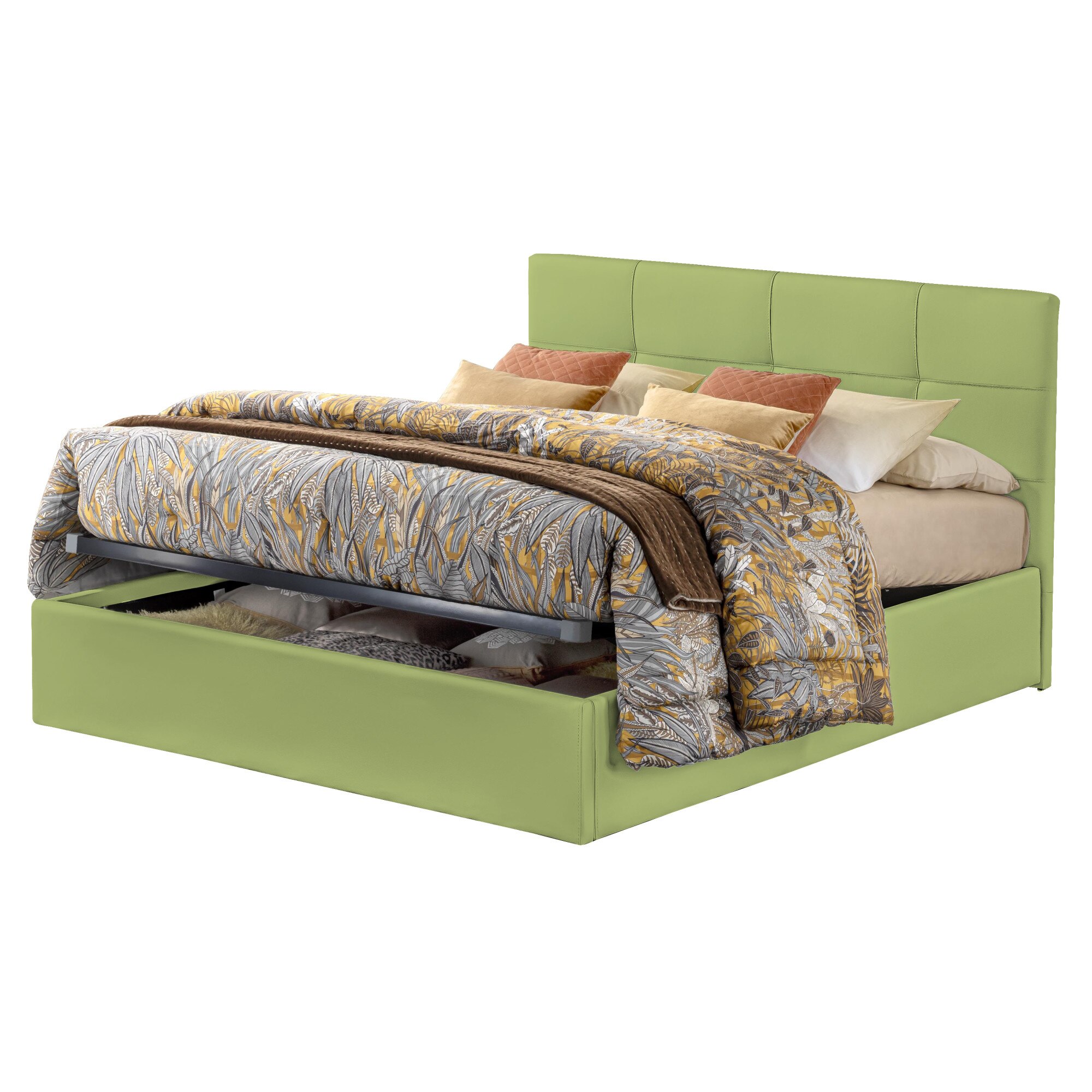 Pat Tapitat Rabatabil cu Lada Depozitare, 180x200 cm, Giorno Promo, Dolce Dormire, Textil Teflonat, Anti-Pete, Verde Lime