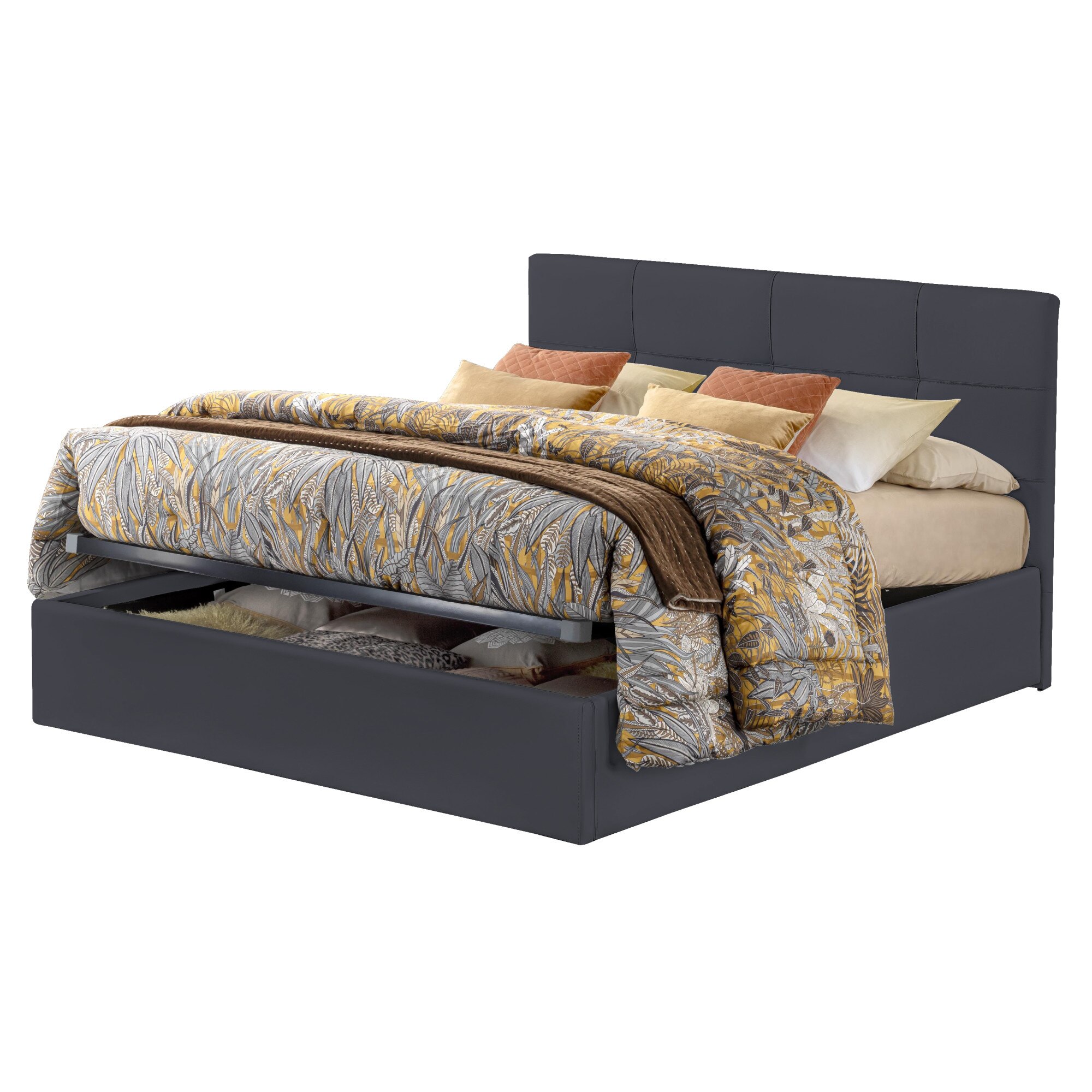 Pat Tapitat Rabatabil cu Lada Depozitare, 120x190 cm, Giorno Promo, Dolce Dormire, Textil Teflonat, Anti-Pete, Gri inchis