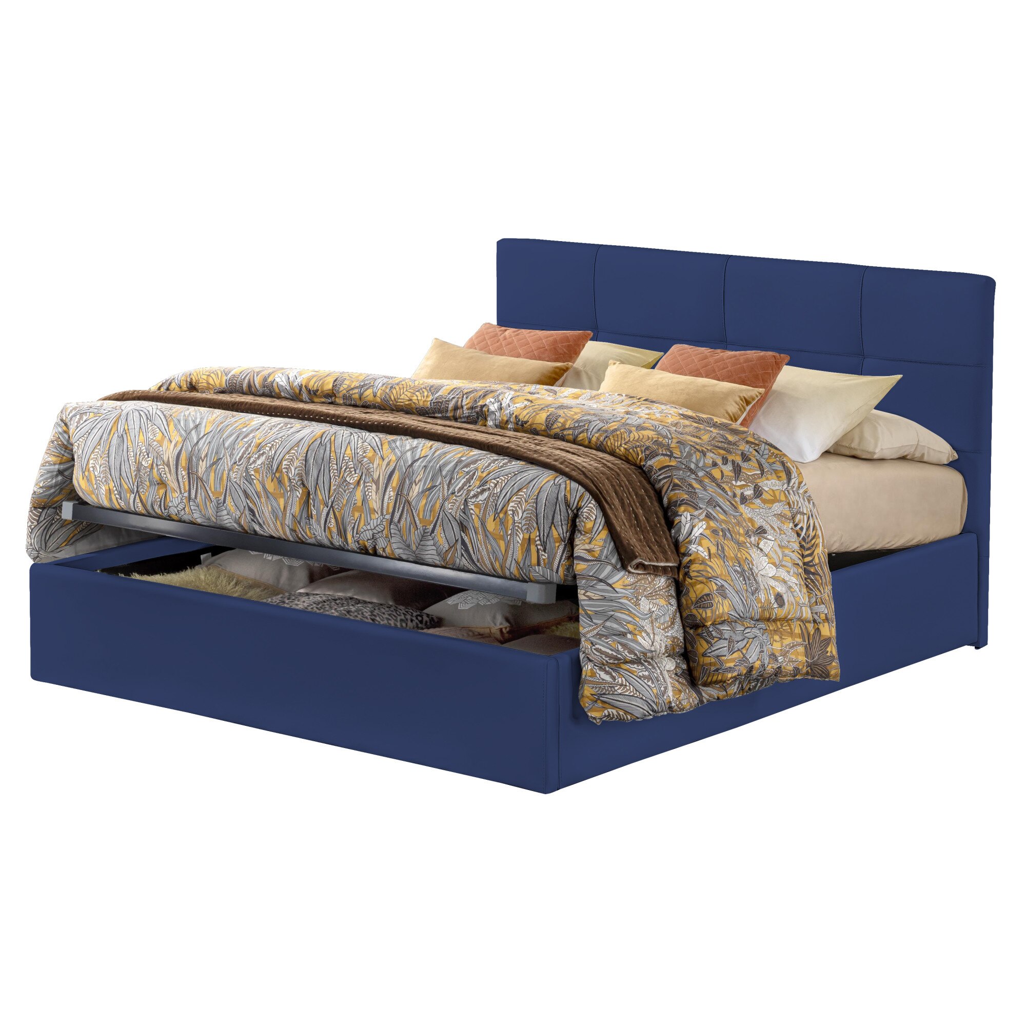 Pat Tapitat Rabatabil cu Lada Depozitare, 100x200 cm, Giorno Promo, Dolce Dormire, Textil Teflonat, Anti-Pete, Bleumarin