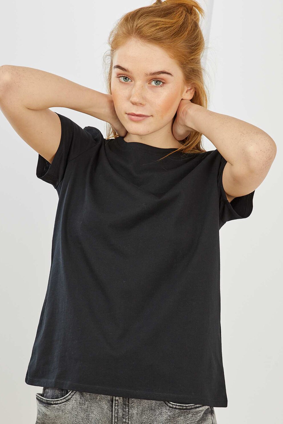 KIABI, Tricou din bumbac cu decolteu la baza gatului, Negru