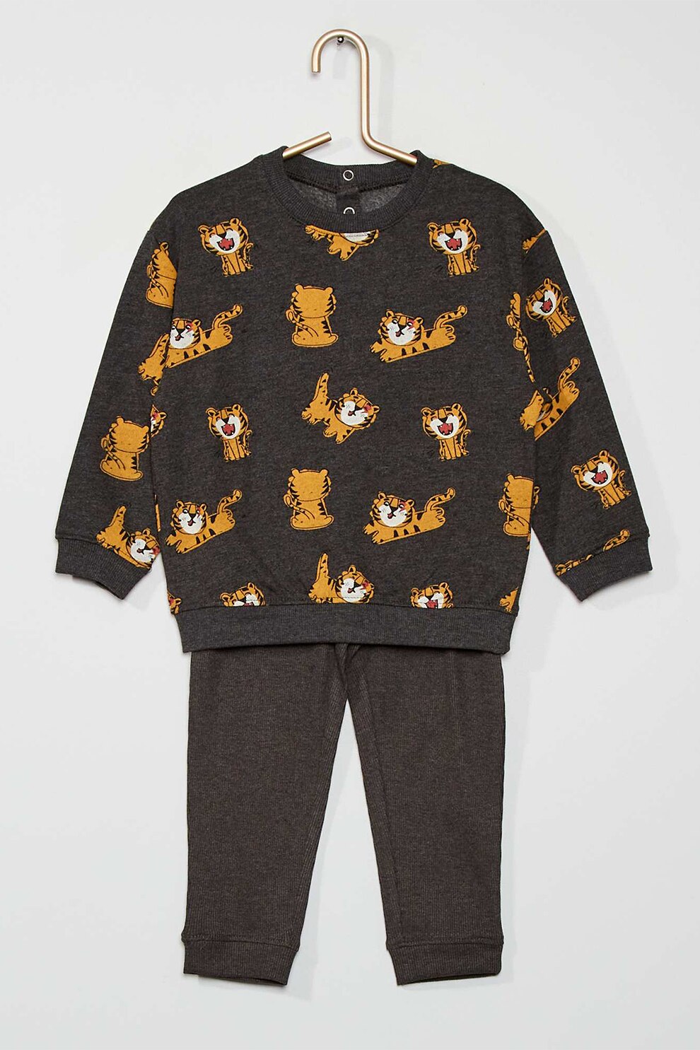 KIABI, Pijama lunga cu desene, Gri antracit/Galben