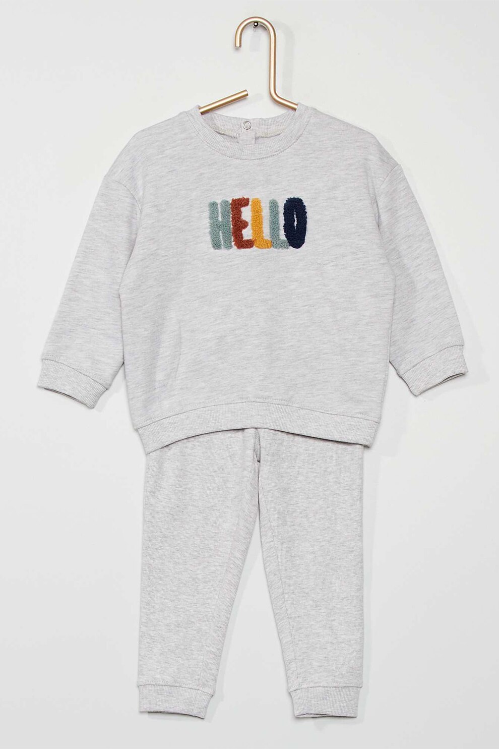 KIABI, Pijama lunga cu desene, Gri deschis melange