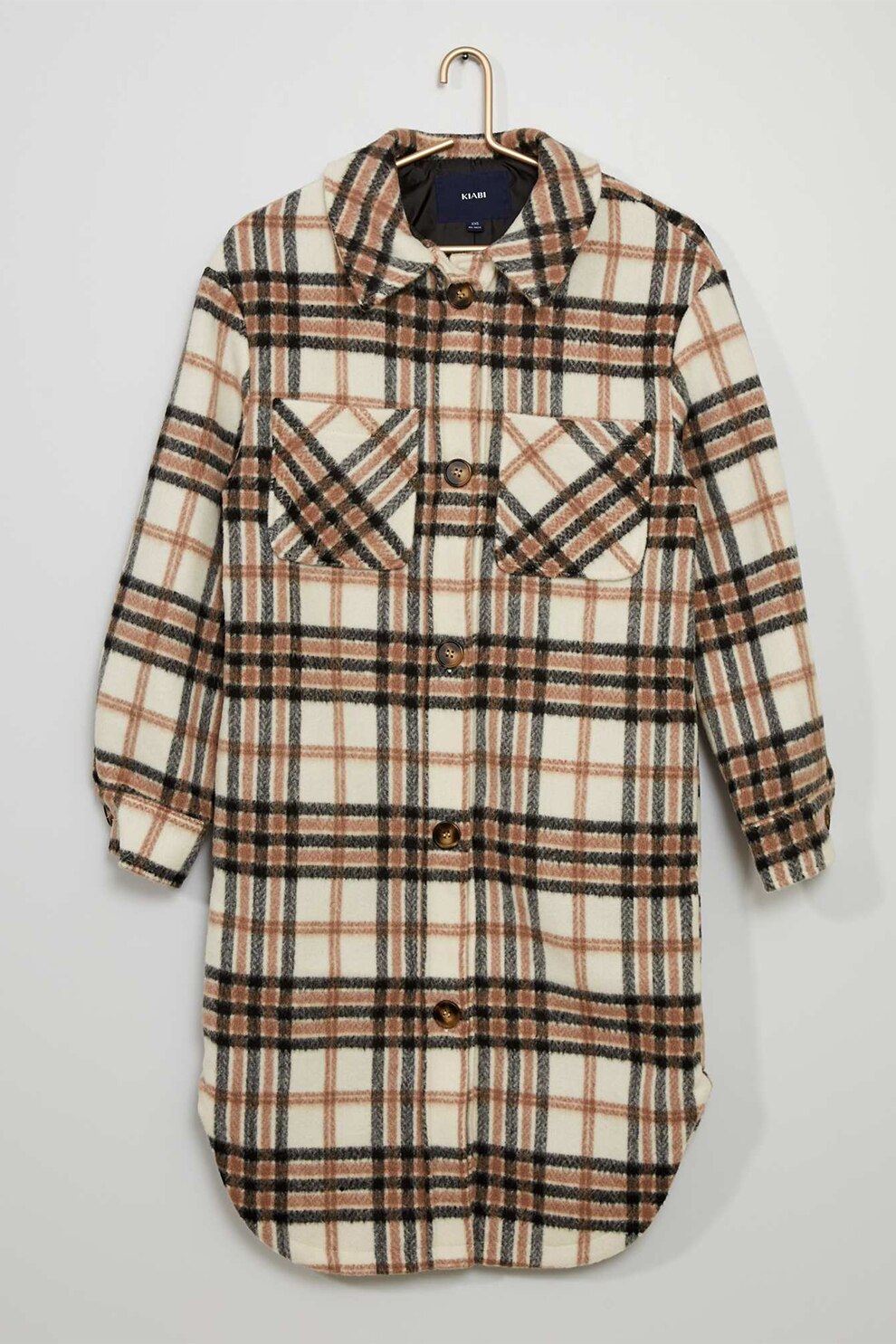 KIABI, Jacheta in carouri cu buzunare pe piept, Maro camel/Alb