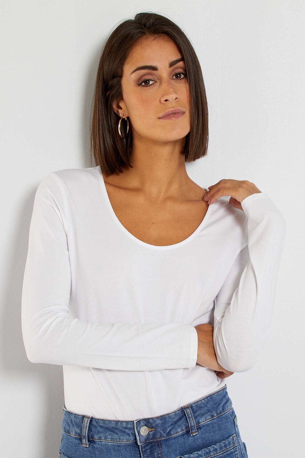 KIABI, Bluza cu maneci lungi si decolteu rotund, Alb