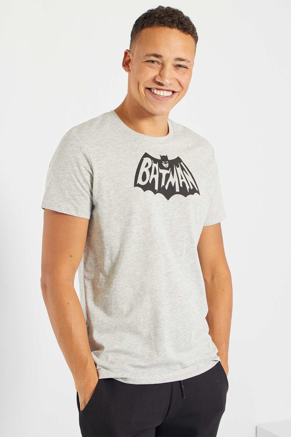 KIABI, Tricou cu imprimeu Batman, Gri melange/Negru
