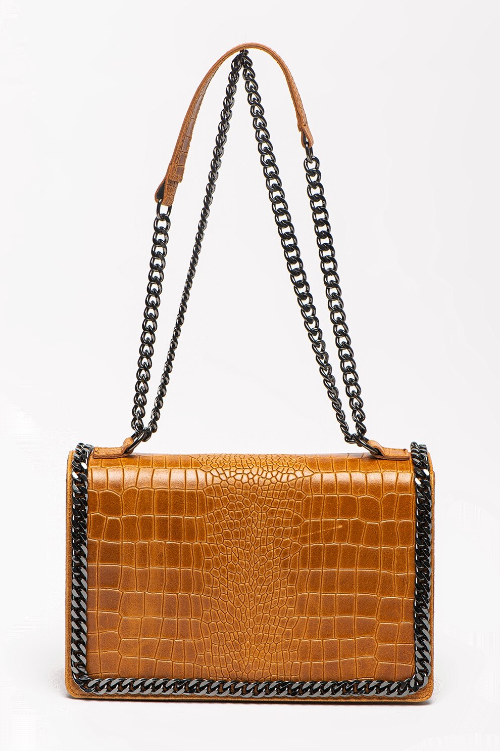 Antonia Moretti, Geanta de piele cu bareta lant si aspect de piele de crocodil, Maro caramel
