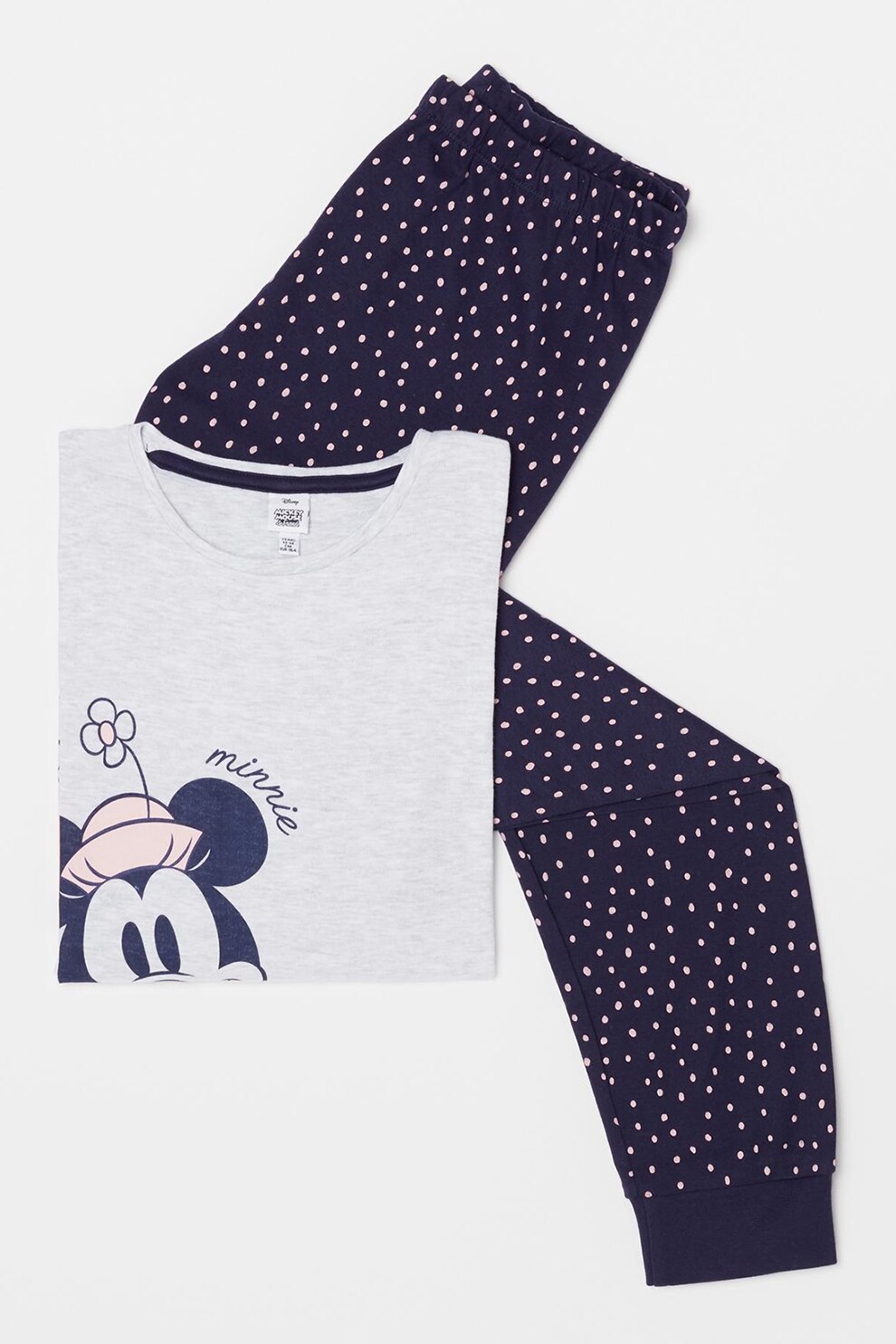 OVS, Pijama cu imprimeu Minnie Mouse, Gri melange/Bleumarin inchis/Roz piersica